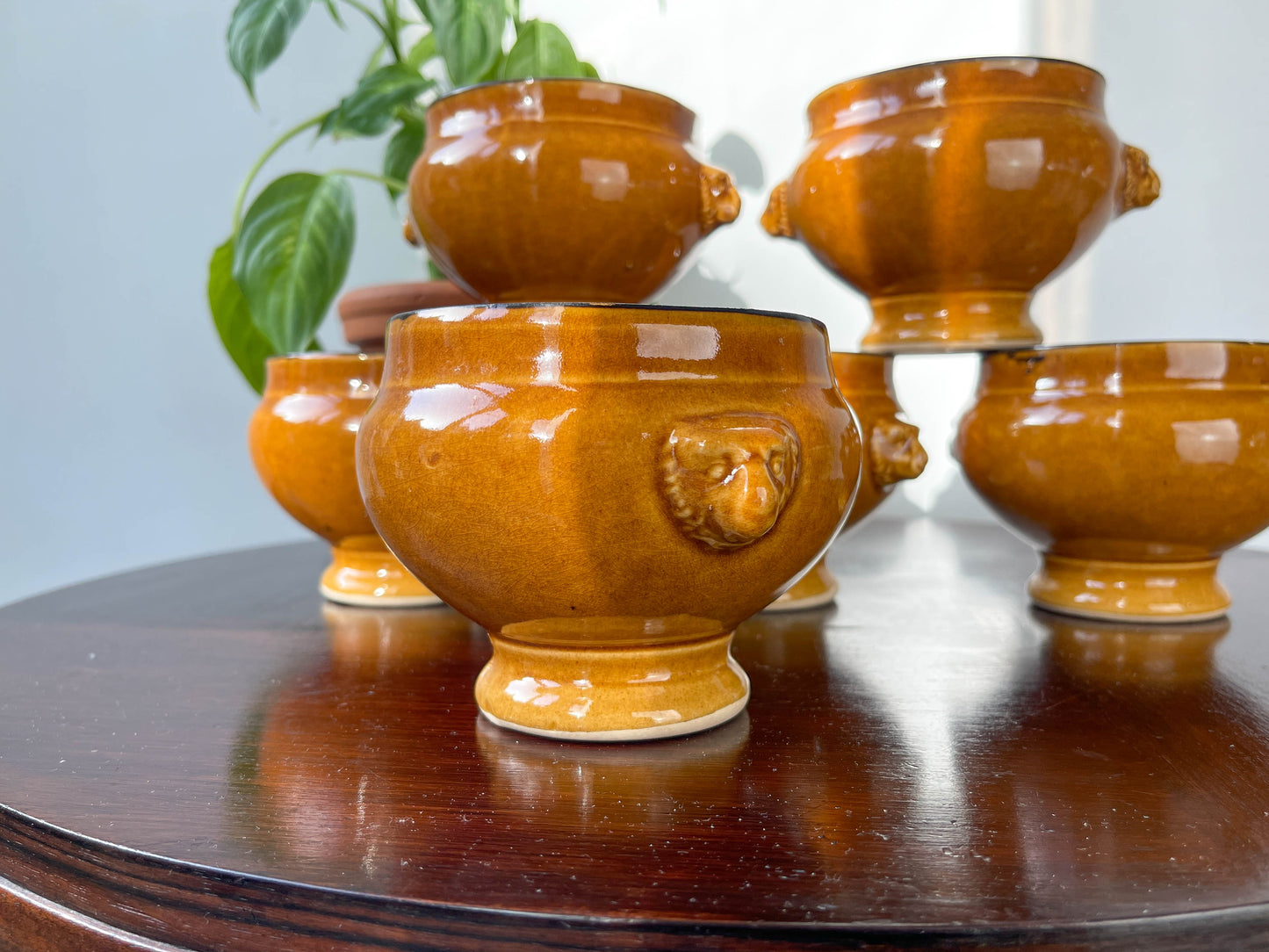 6 Ochre Glazed Stoneware Onion Soup Bowls