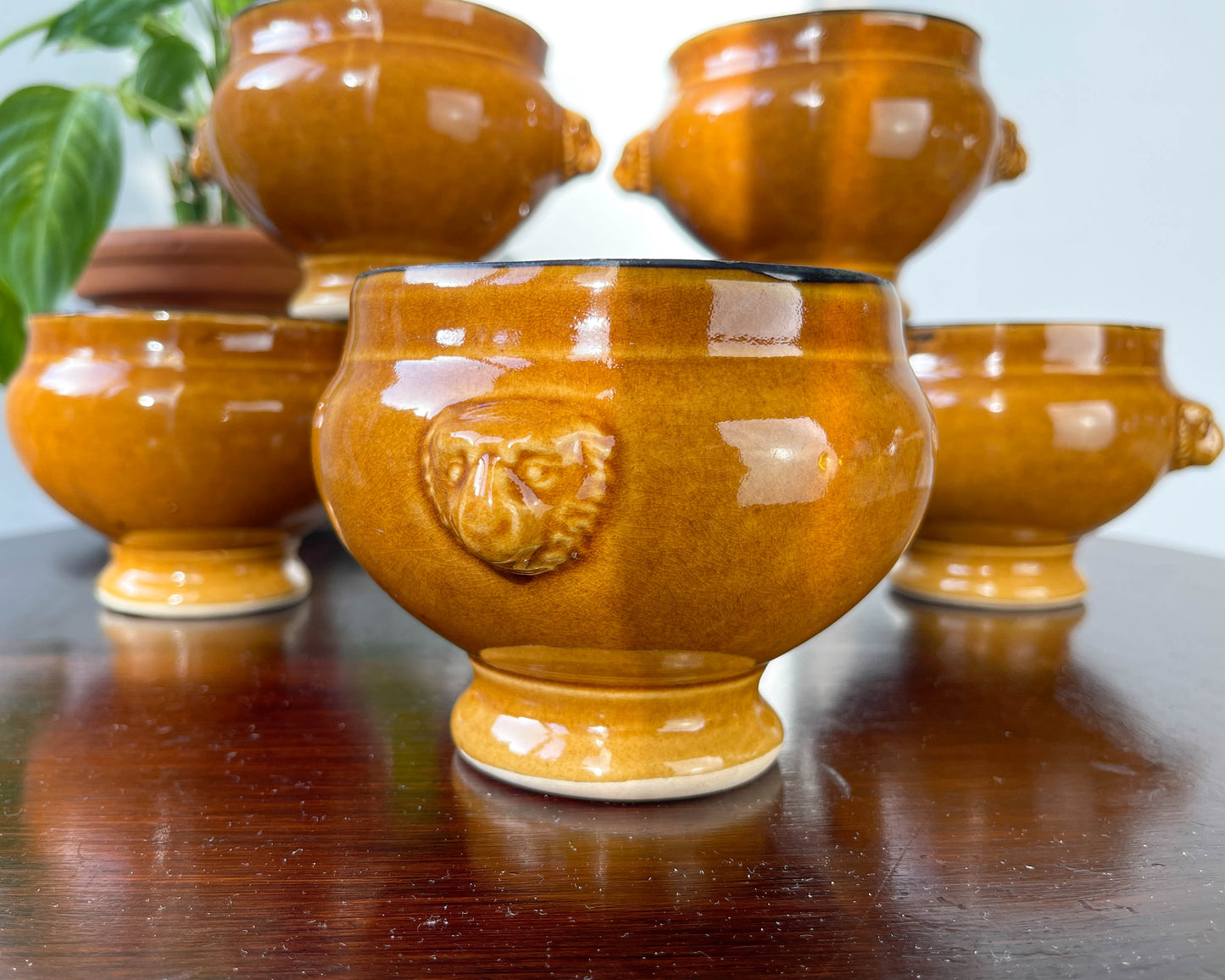 6 Ochre Glazed Stoneware Onion Soup Bowls