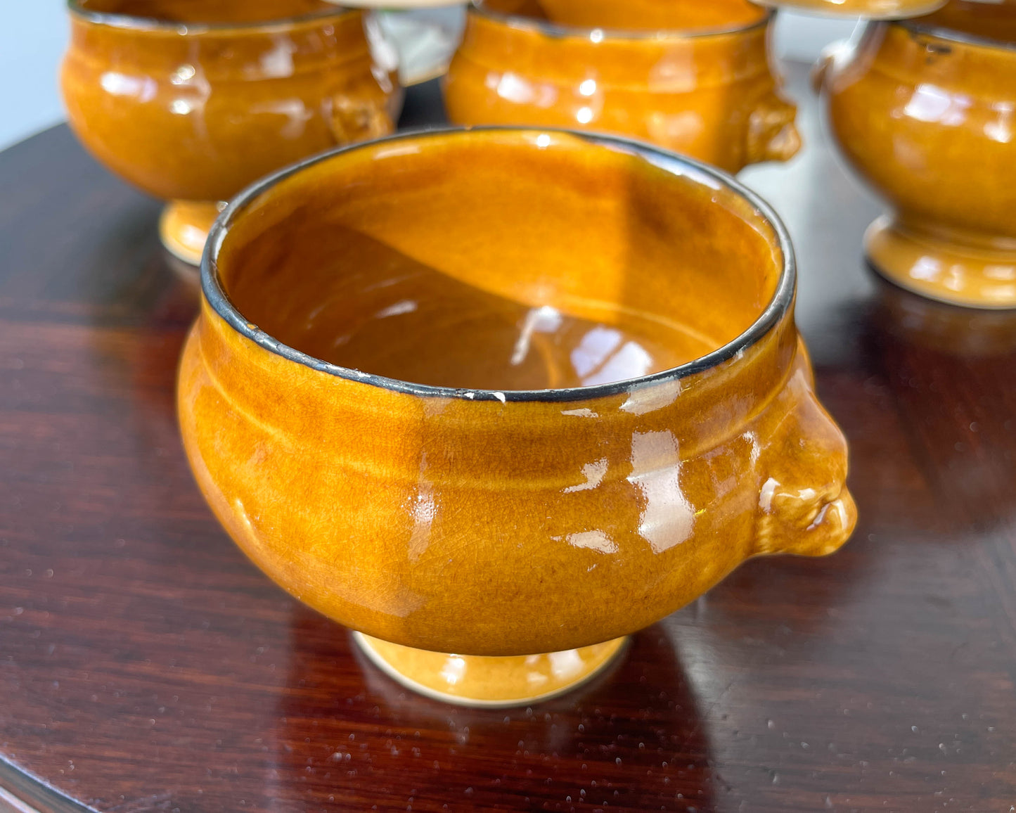 6 Ochre Glazed Stoneware Onion Soup Bowls