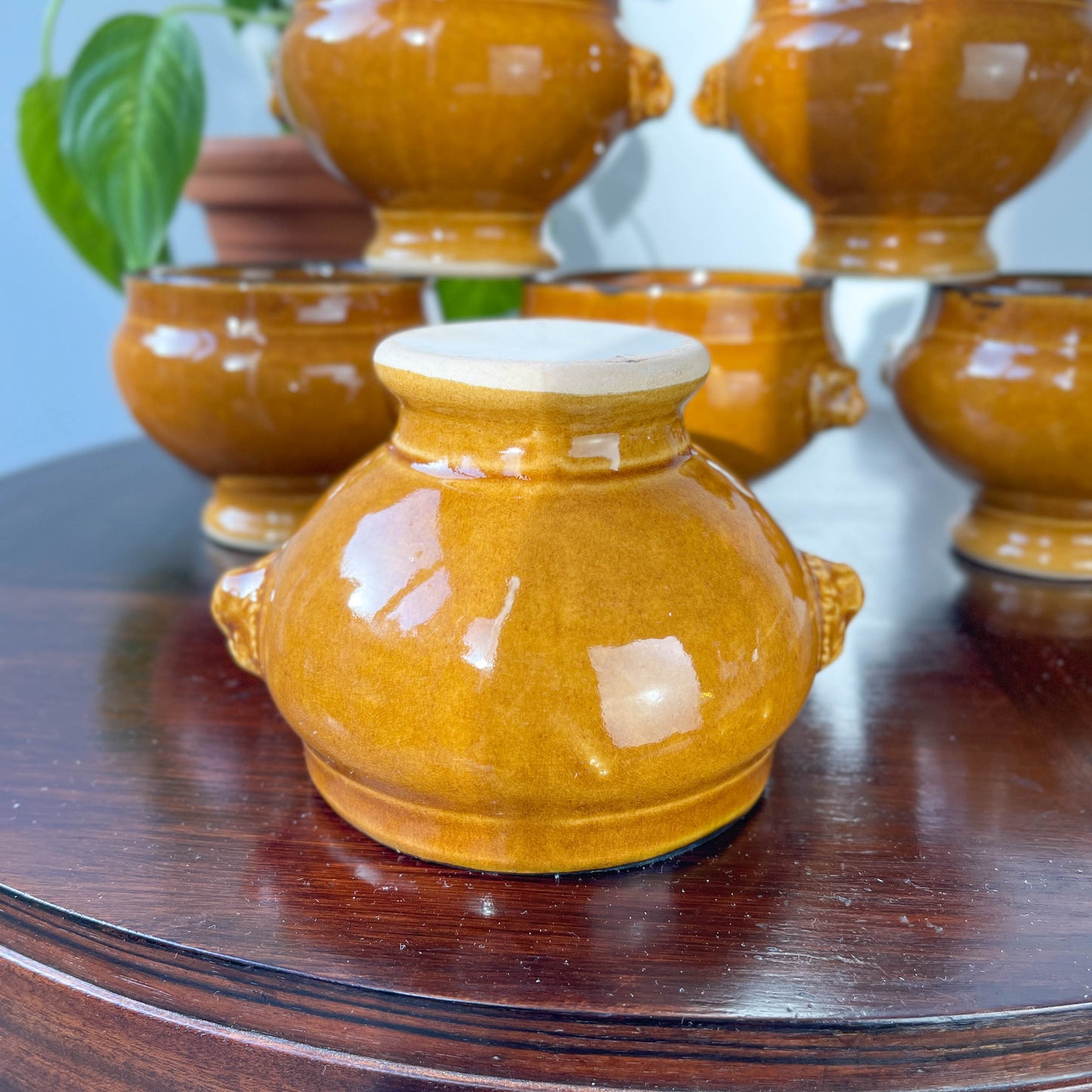 6 Ochre Glazed Stoneware Onion Soup Bowls