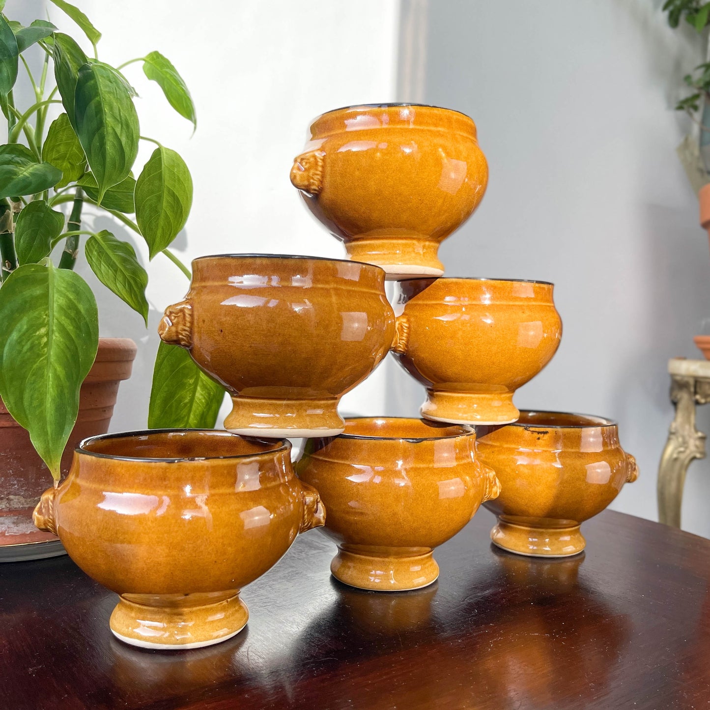 6 Ochre Glazed Stoneware Onion Soup Bowls