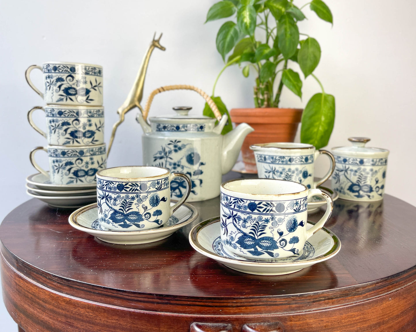 Japanese stoneware tea set with Blue Danube "Blue Onion" pattern