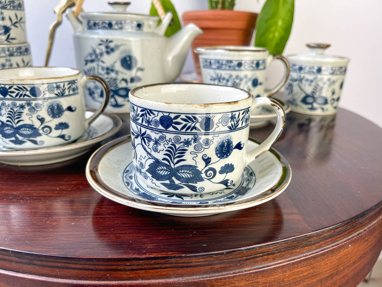 Japanese stoneware tea set with Blue Danube "Blue Onion" pattern
