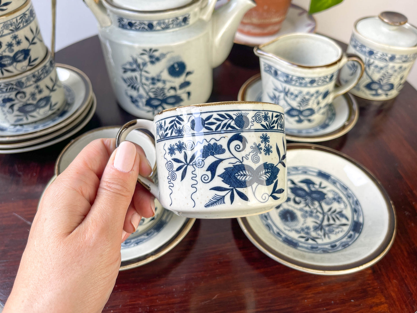 Japanese stoneware tea set with Blue Danube "Blue Onion" pattern