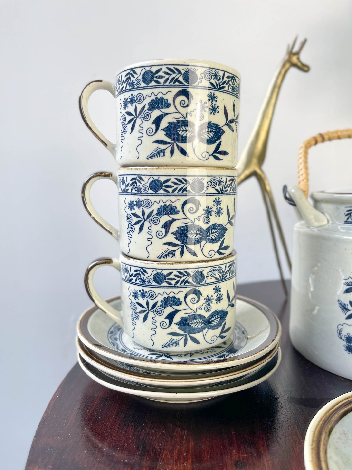 Japanese stoneware tea set with Blue Danube "Blue Onion" pattern
