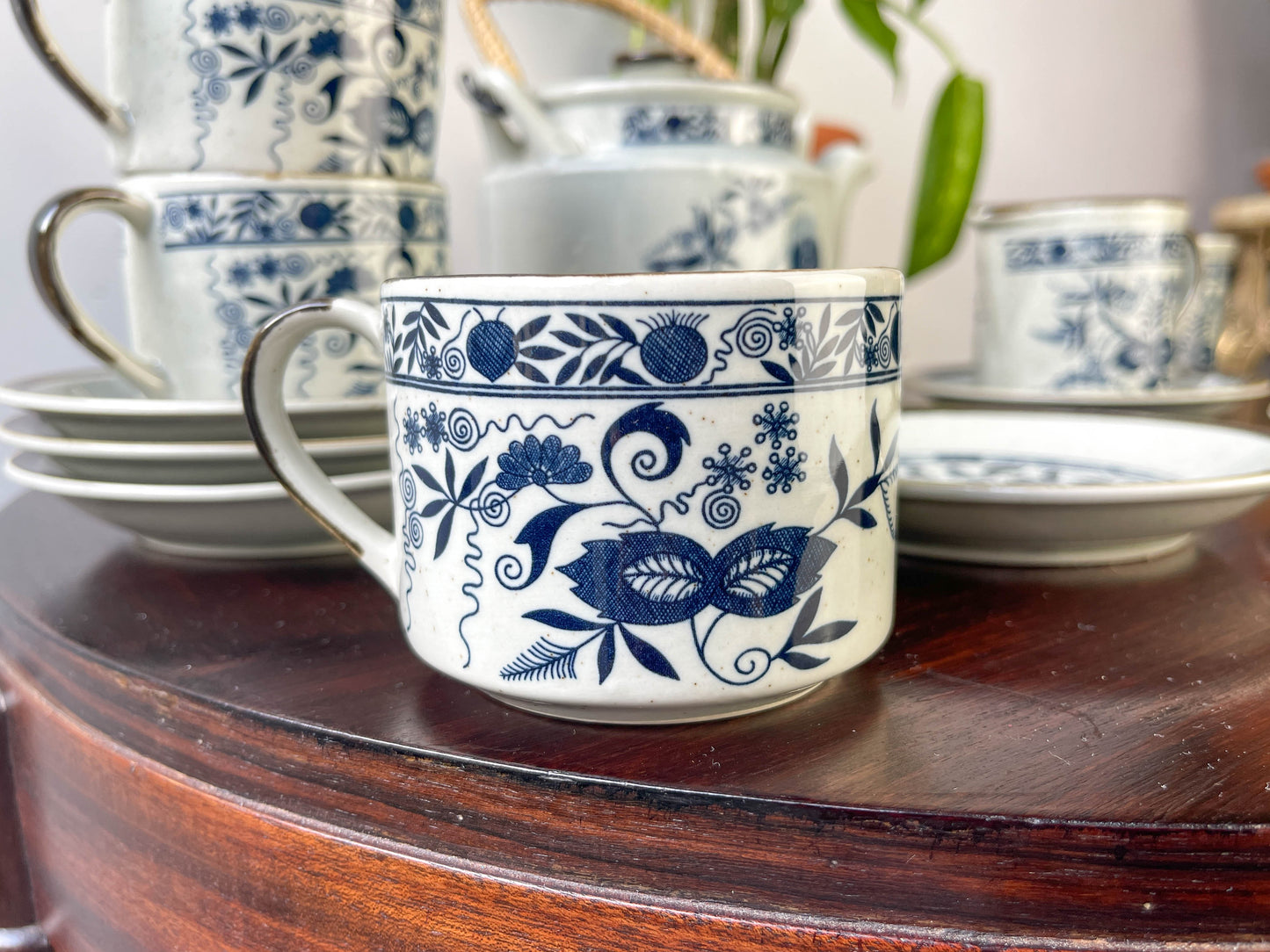 Japanese stoneware tea set with Blue Danube "Blue Onion" pattern