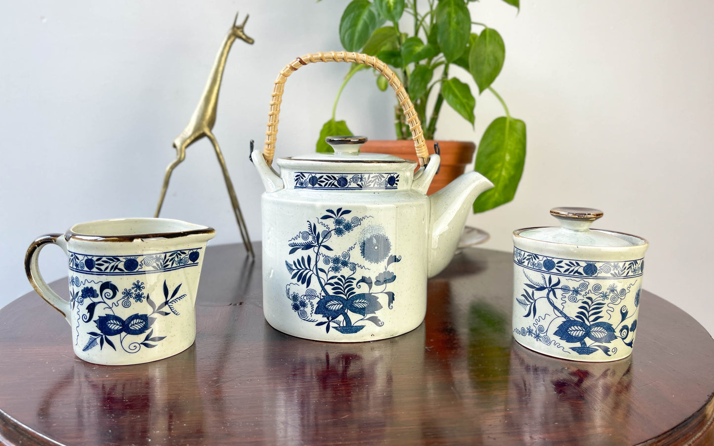 Japanese stoneware tea set with Blue Danube "Blue Onion" pattern
