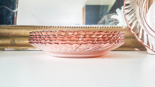 6 Luminarc ROSALINE model deep plates in pink depression glass