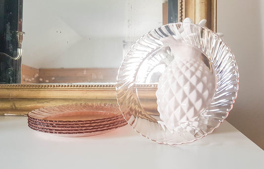 6 Assiettes Plates vintage ROSALINE en verre rose de LUMINARC made in France
