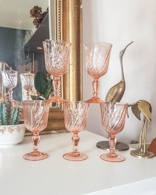 6 Luminarc red wine glasses ROSALINE model in pink depression glass 15 cl