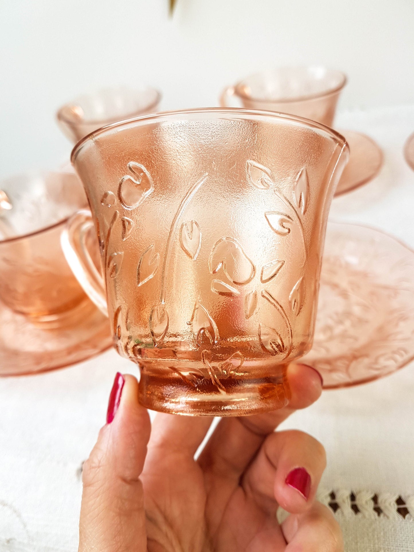 6 Tasses en verre depression rose Indonesia vintage - violn.fr