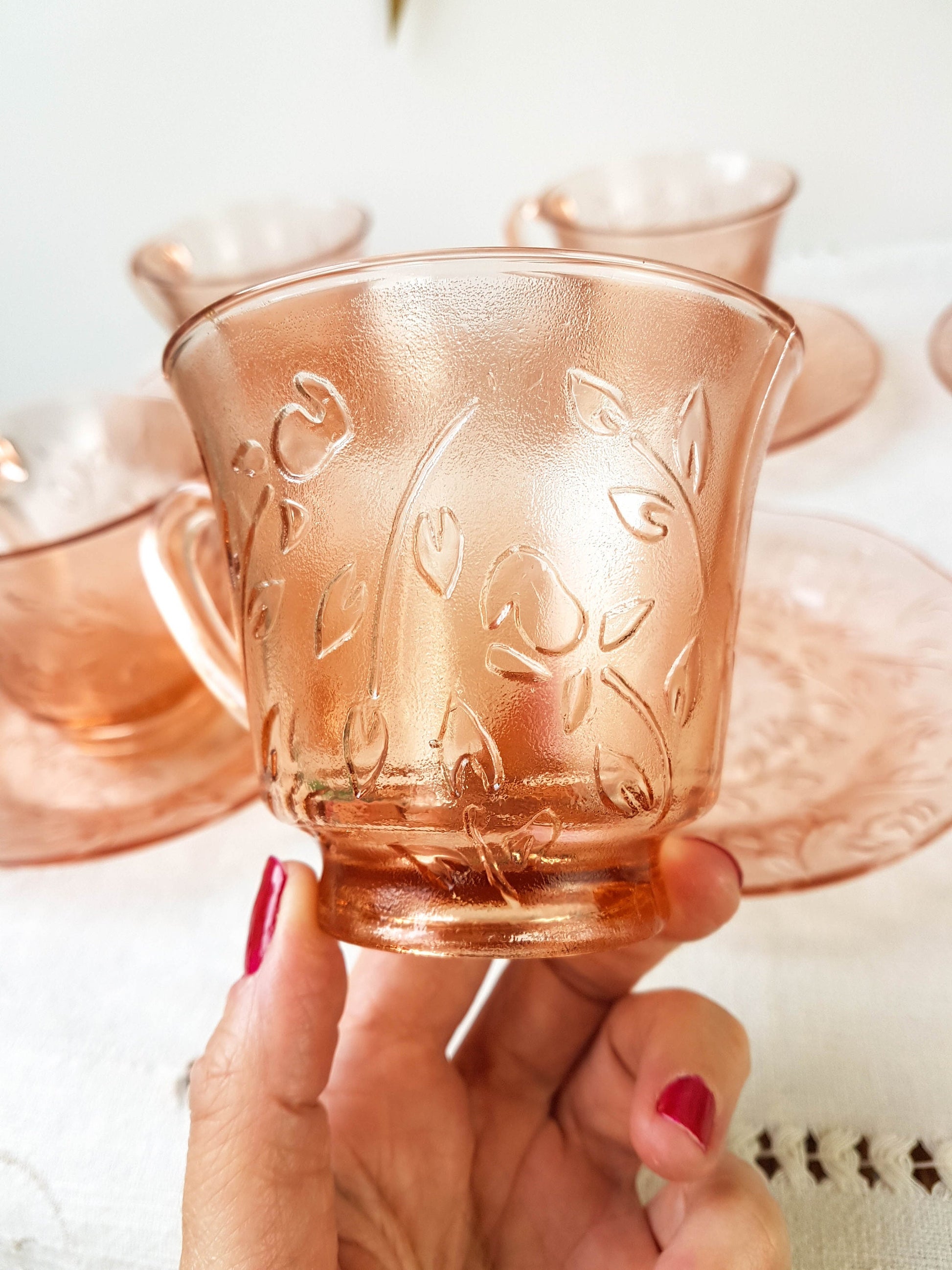 6 Tasses en verre depression rose Indonesia vintage - violn.fr