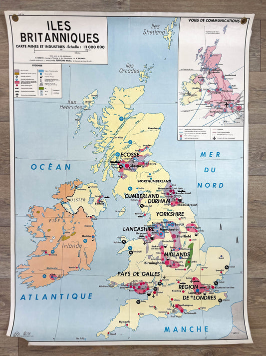 Carte Scolaire vintage BENELUX / Les îles BRITANNIQUES MDI Année 1968 - violn.fr