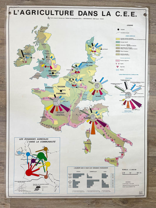 Carte Scolaire vintage L' Agriculture dans la C.E.E / L' économie industrielle dans la C.E.E MDI Année 1979 - violn.fr