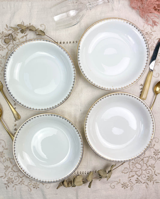 4 SOLOGNE LAMOTTE 5 white porcelain soup plates with gold trim