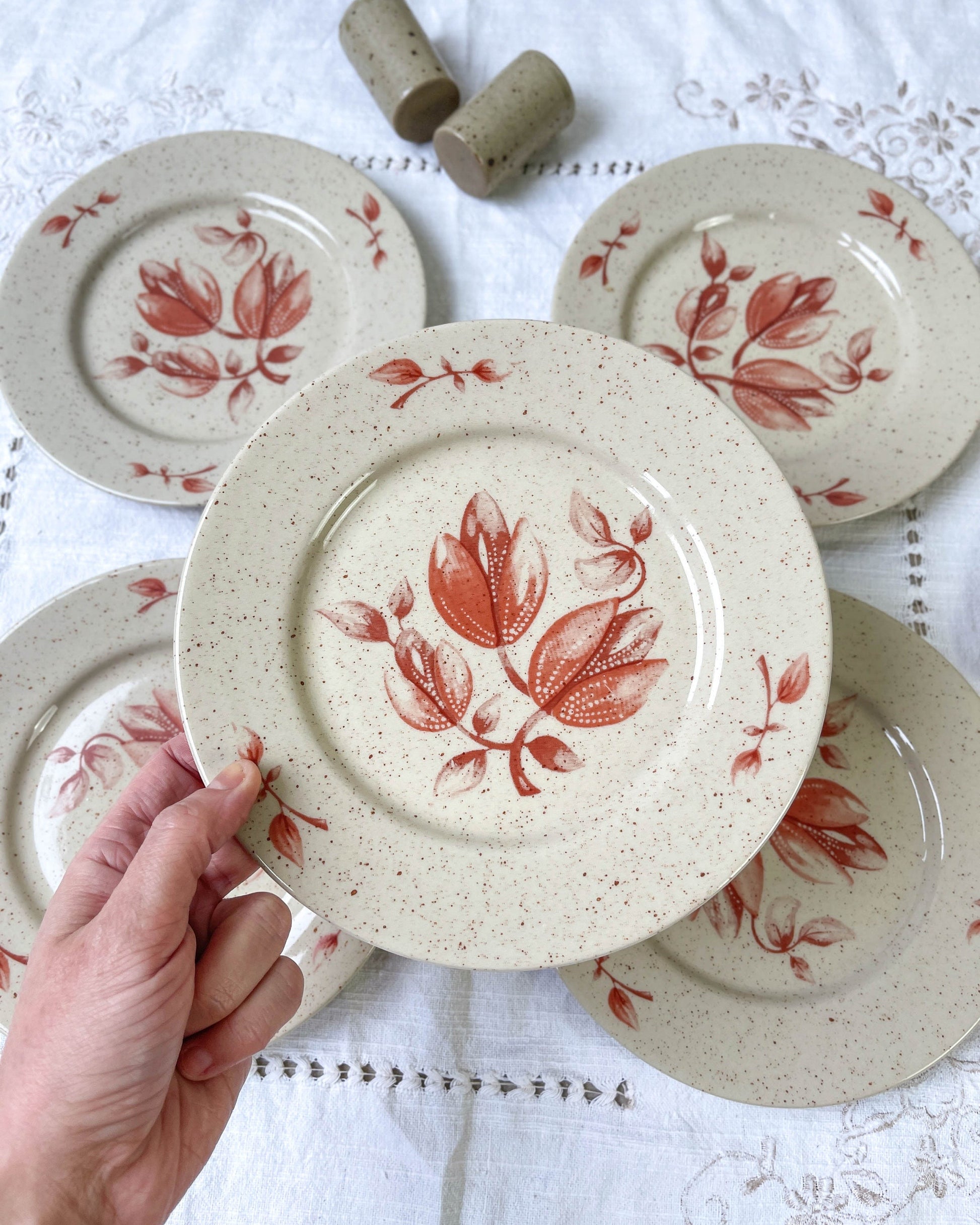 5 Petites assiettes en grès Tulowice motif fleuris - violn.fr
