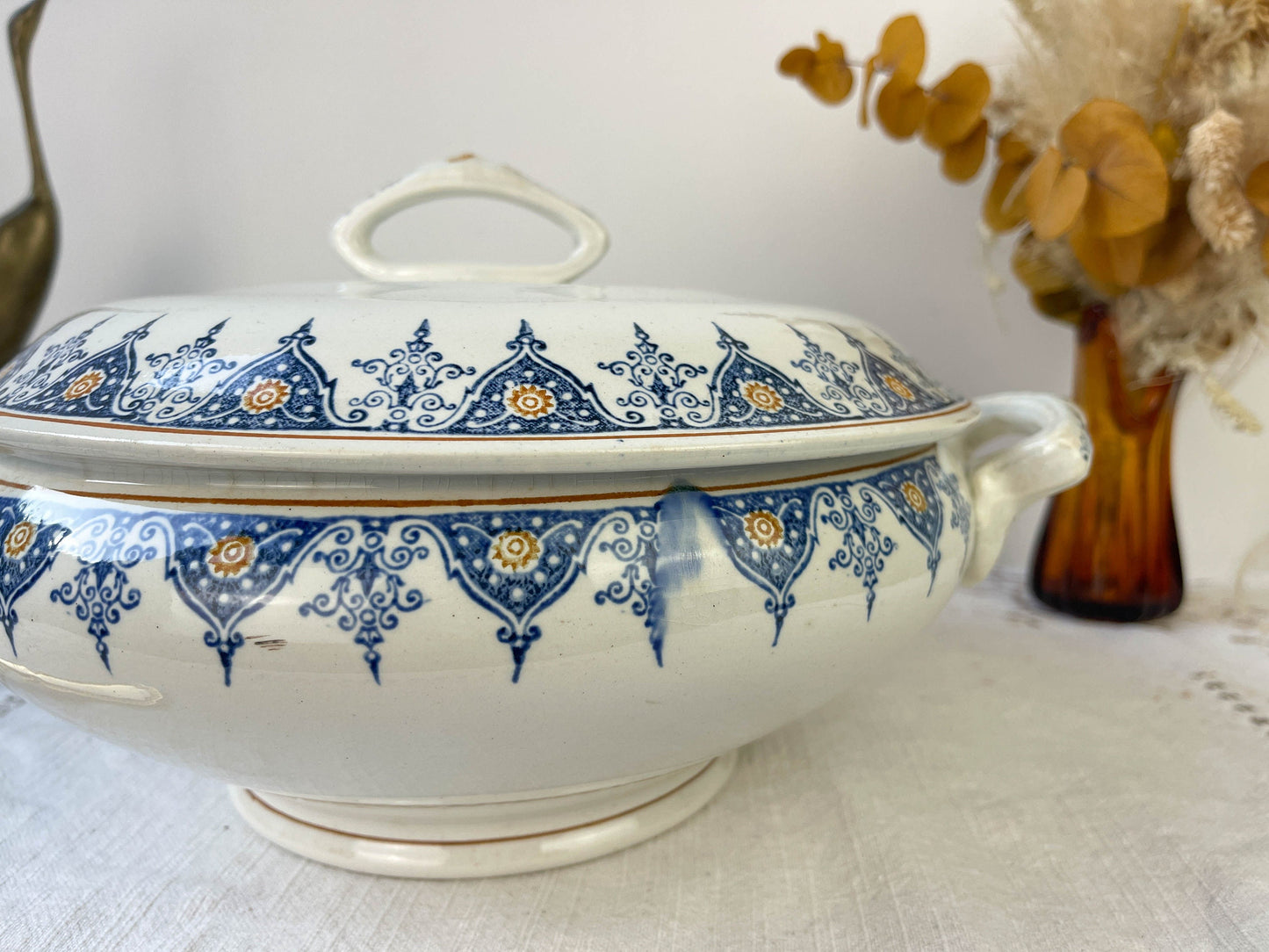 Soupière vintage Terre de fer Saint Amand motif bleu orange - violn.fr