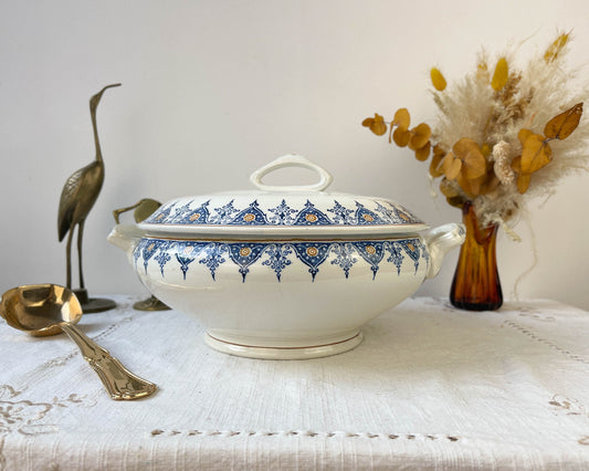 Soupière vintage Terre de fer Saint Amand motif bleu orange - violn.fr