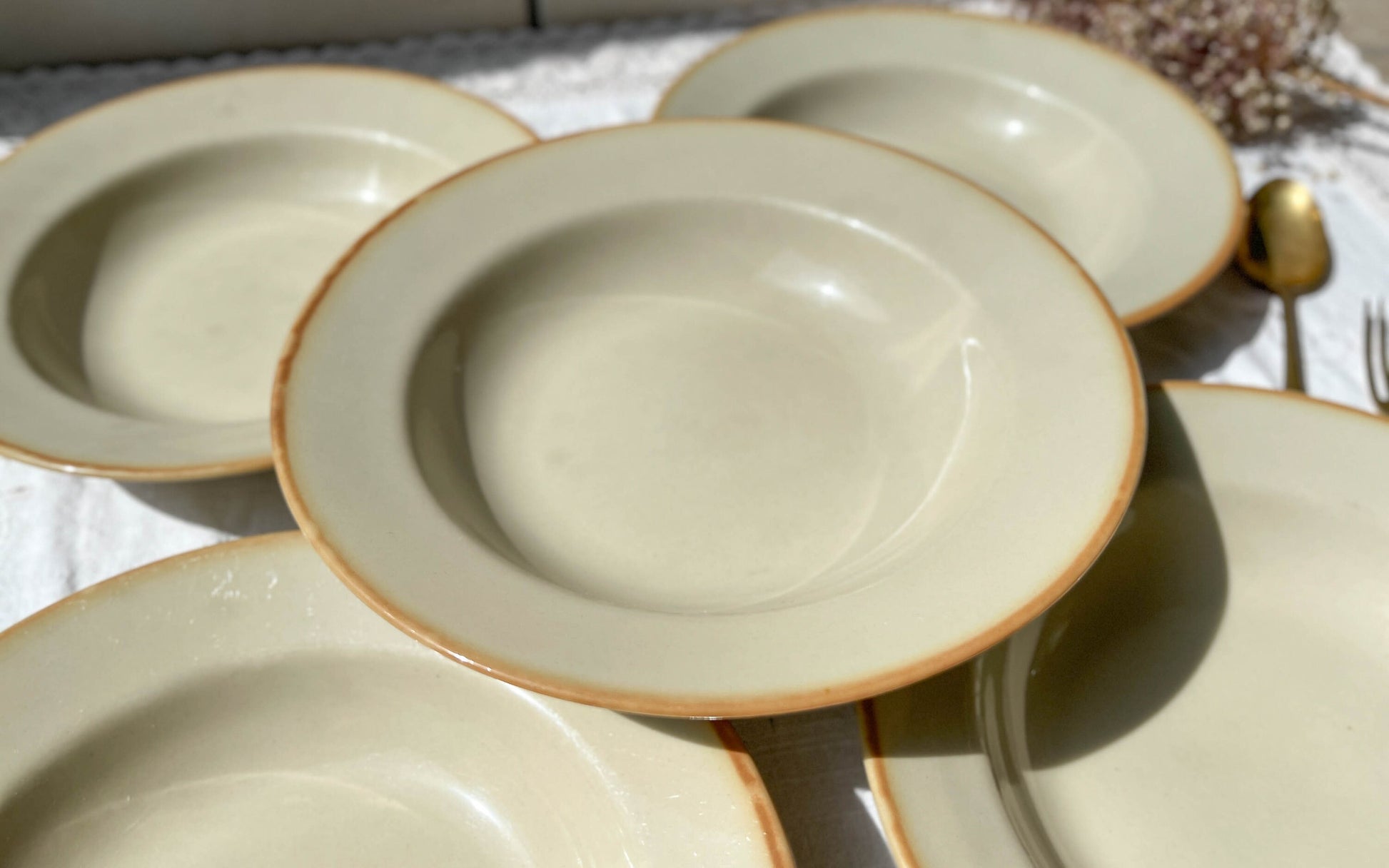 5 Assiettes creuses en grès beige Tulowice Poland 1970 - violn.fr
