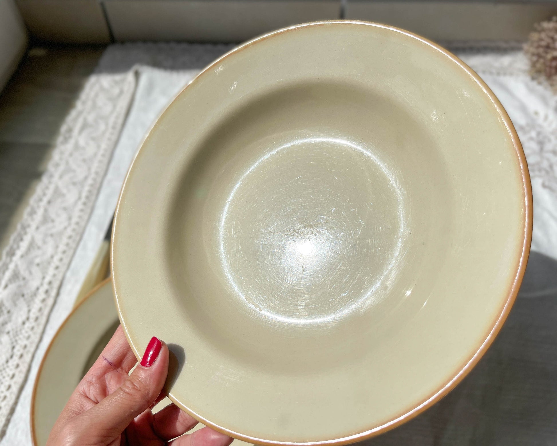 5 Assiettes creuses en grès beige Tulowice Poland 1970 - violn.fr