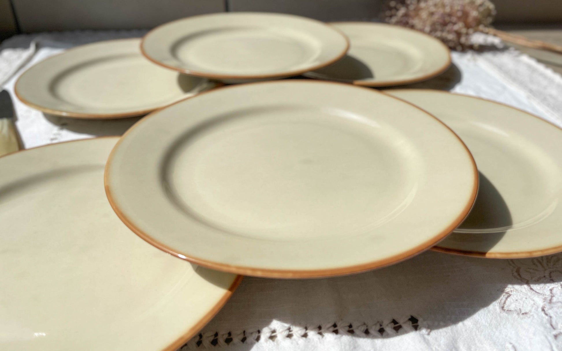 6 Assiettes plates en grès beige Tulowice Poland, 1970 - violn.fr