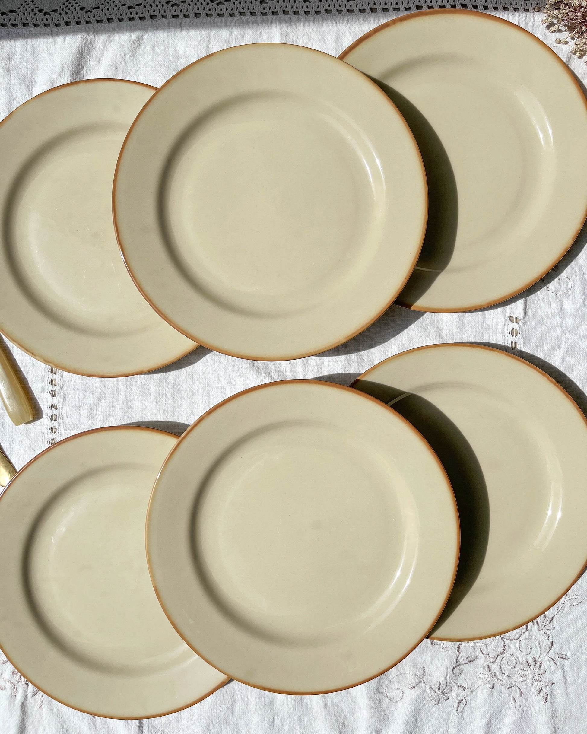 6 Assiettes plates en grès beige Tulowice Poland, 1970 - violn.fr