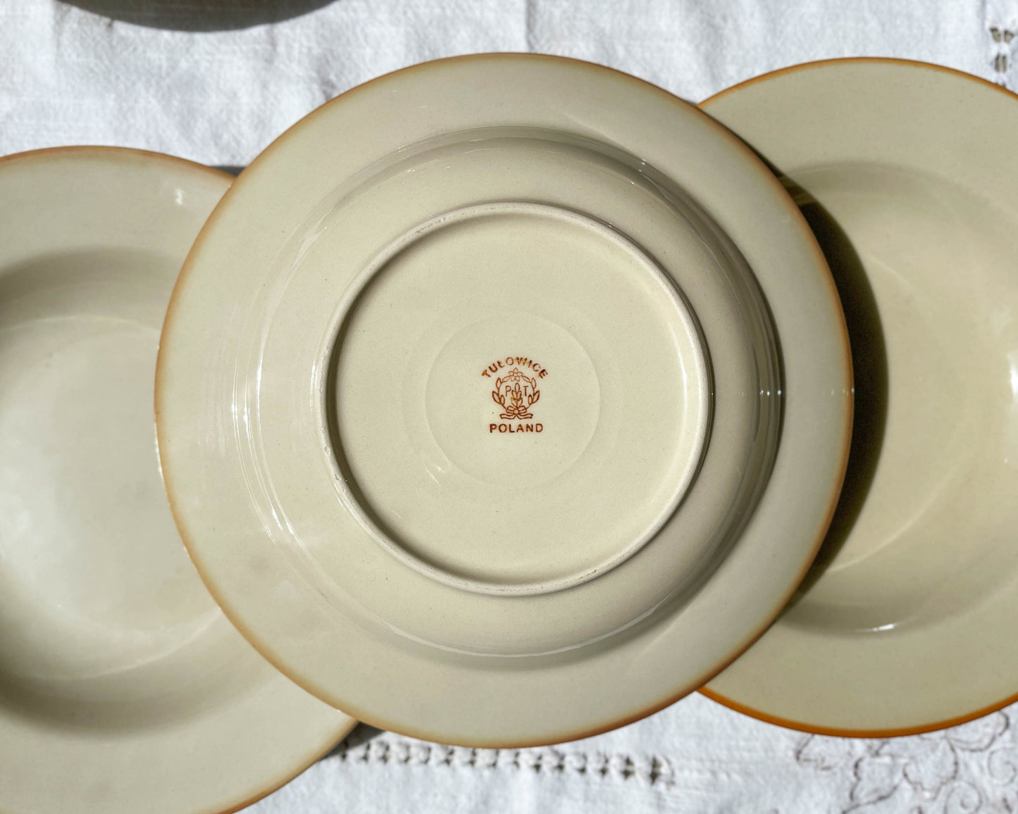 6 Assiettes creuses en grès beige Tulowice Poland 1970 - violn.fr