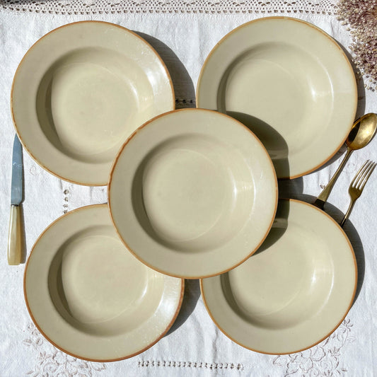 5 Assiettes creuses en grès beige Tulowice Poland 1970 - violn.fr