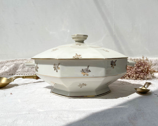 Soupière en porcelaine de LIMOGES MEHUN blanche dorée - violn.fr