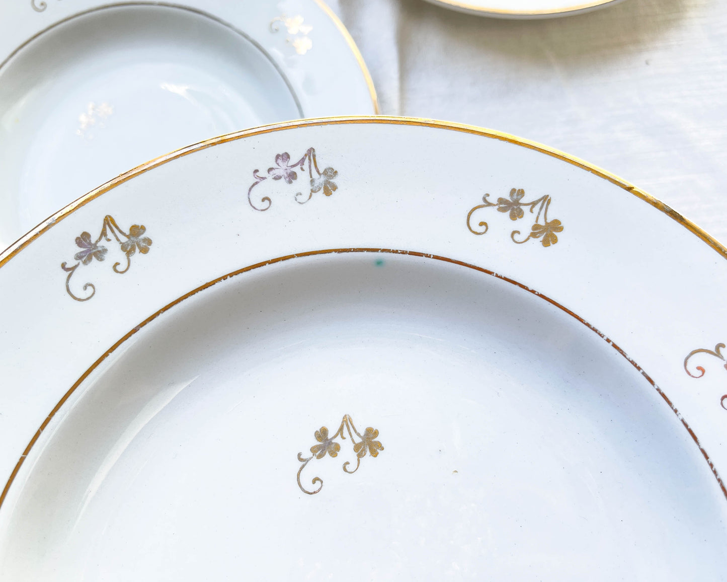 Assiettes creuses L’Amandinoise en porcelaine blanche motif petites fleurs dorées 