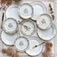 5 Assiettes vintage Porcelaine blanches dorées + 5 Petites Assiettes dépareillées oiseau