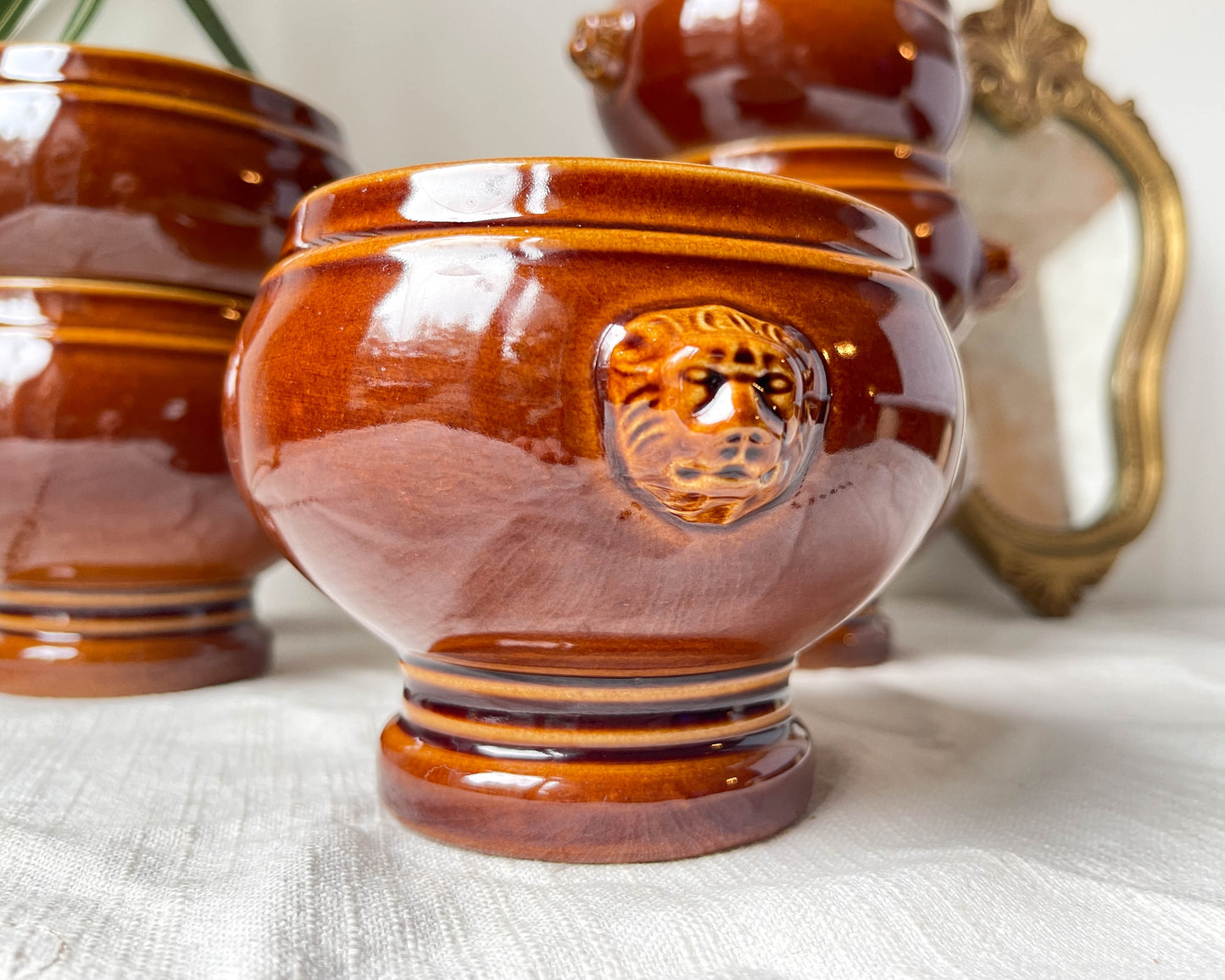 6 Bols Tête de Lion en céramique style Emile Henry marron vintage Made in France