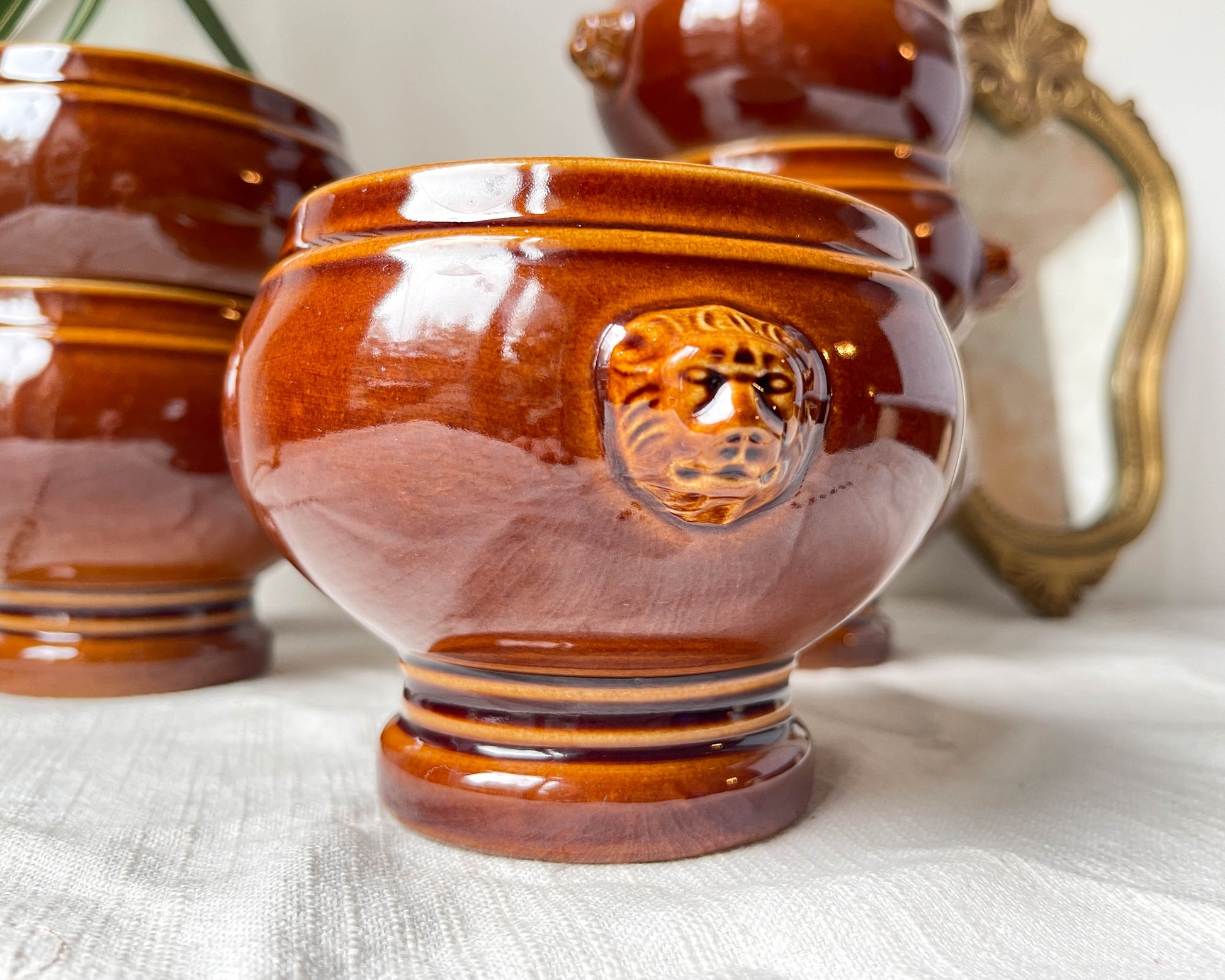 6 Bols Tête de Lion en céramique style Emile Henry marron vintage Made in France