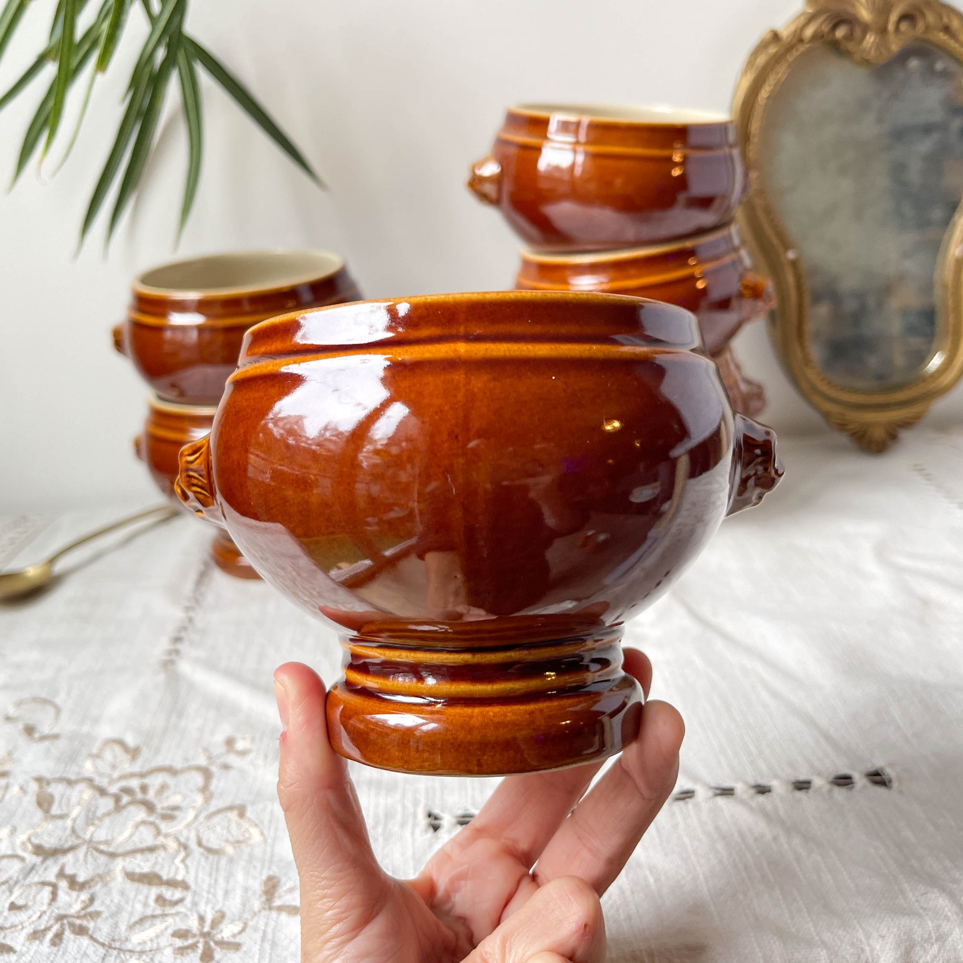 6 Bols Tête de Lion en céramique style Emile Henry marron vintage Made in France
