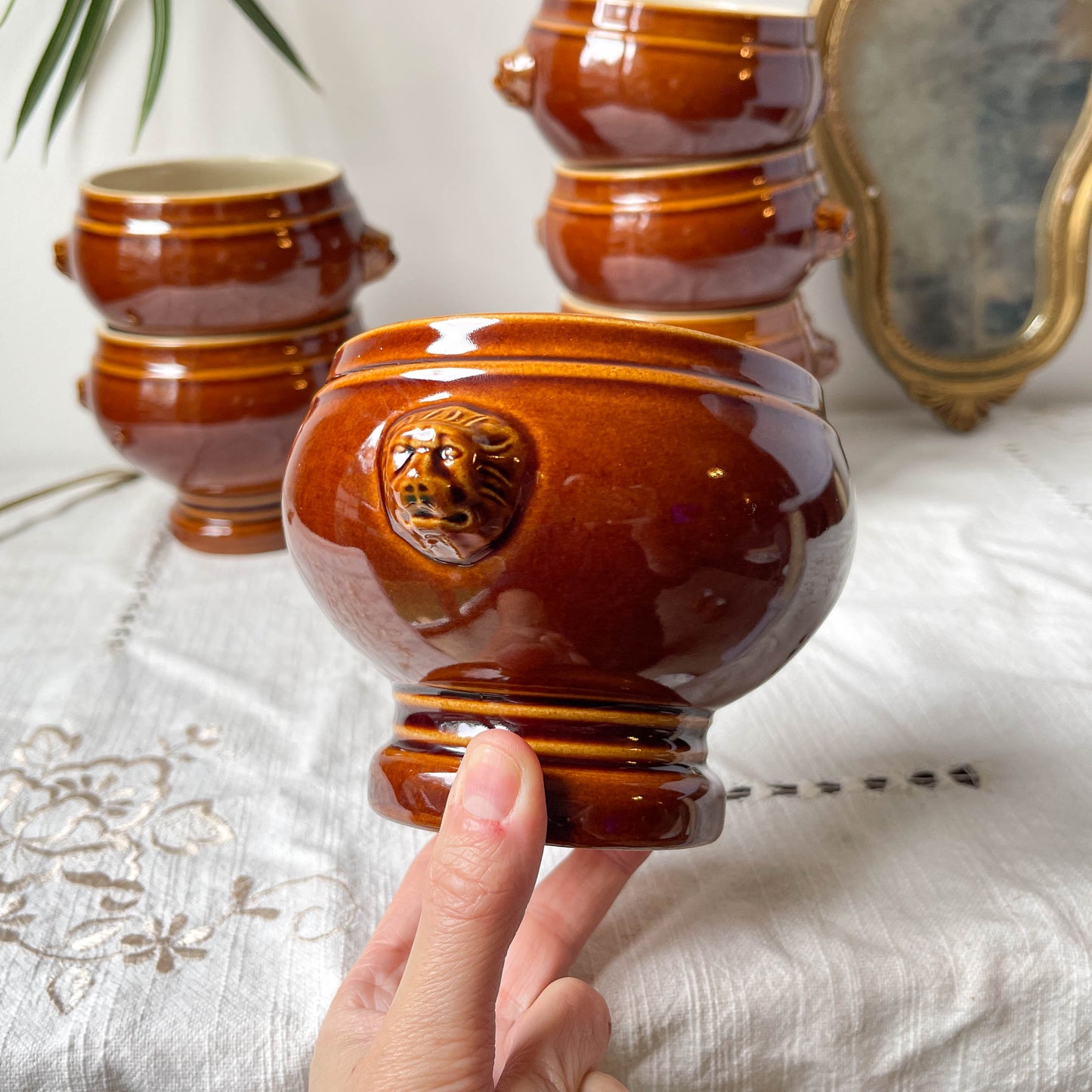6 Bols Tête de Lion en céramique style Emile Henry marron vintage Made in France