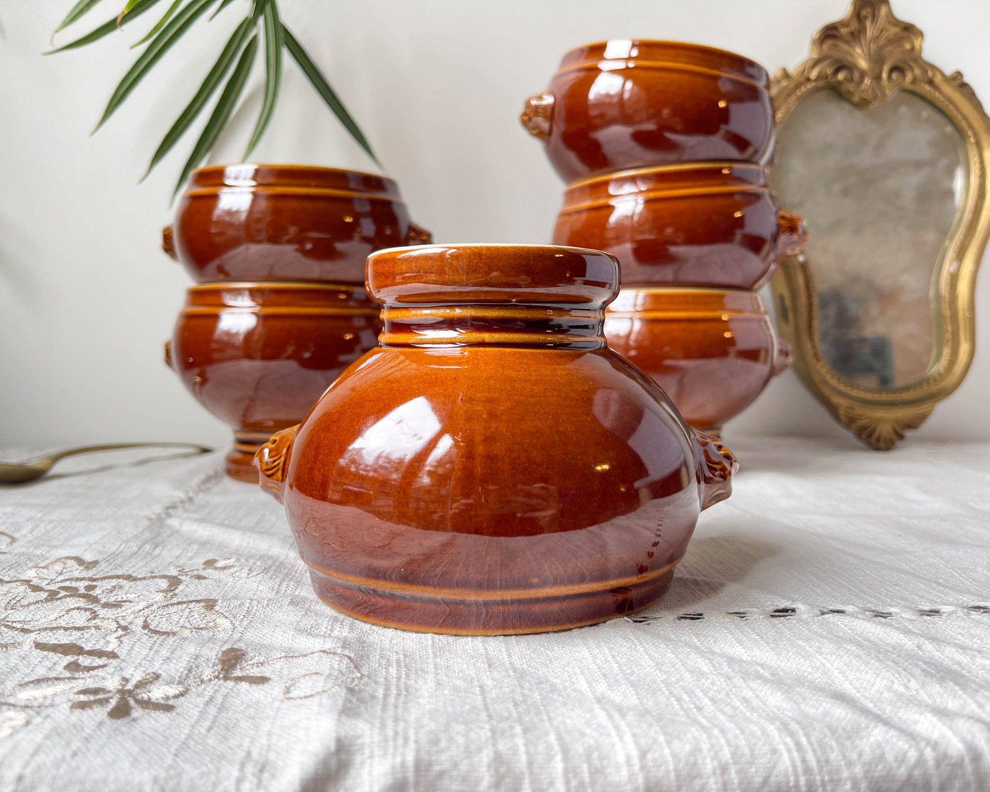 6 Bols Tête de Lion en céramique style Emile Henry marron vintage Made in France