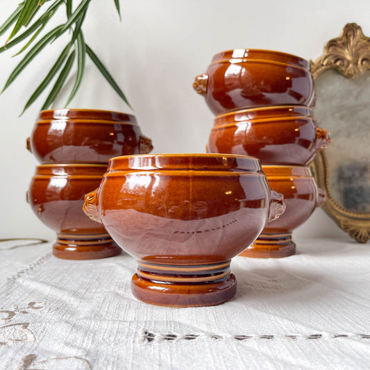 6 Bols Tête de Lion en céramique style Emile Henry marron vintage Made in France