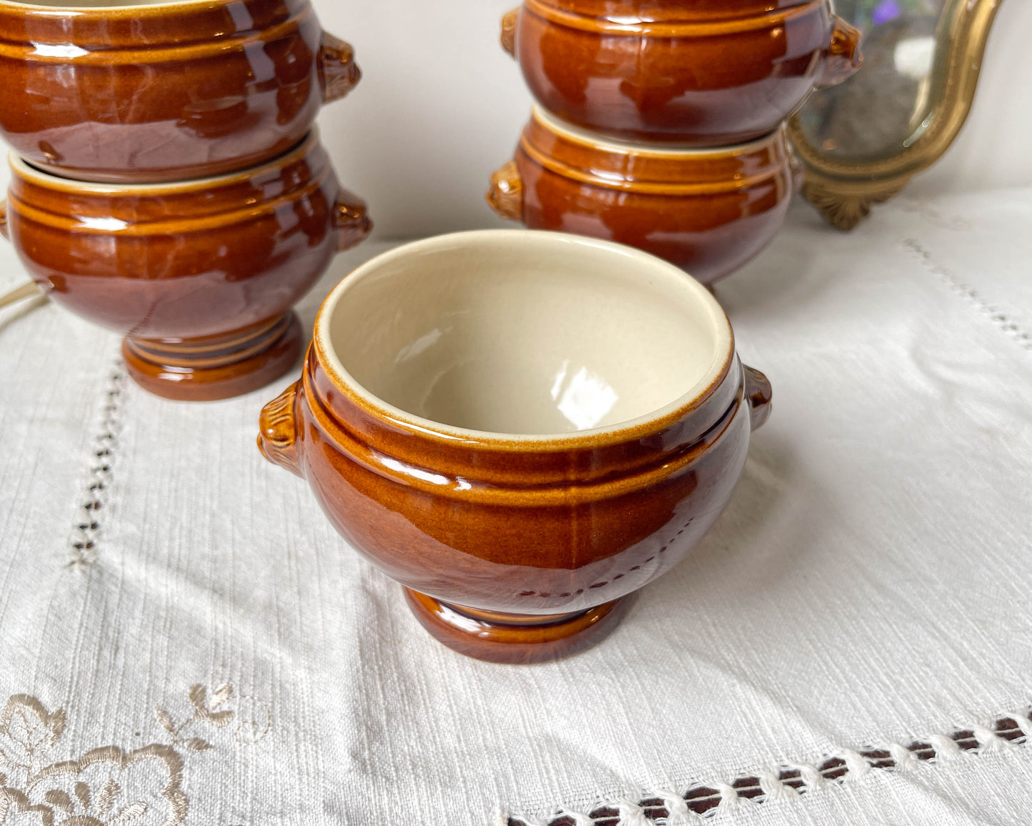 6 Bols Tête de Lion en céramique style Emile Henry marron vintage Made in France