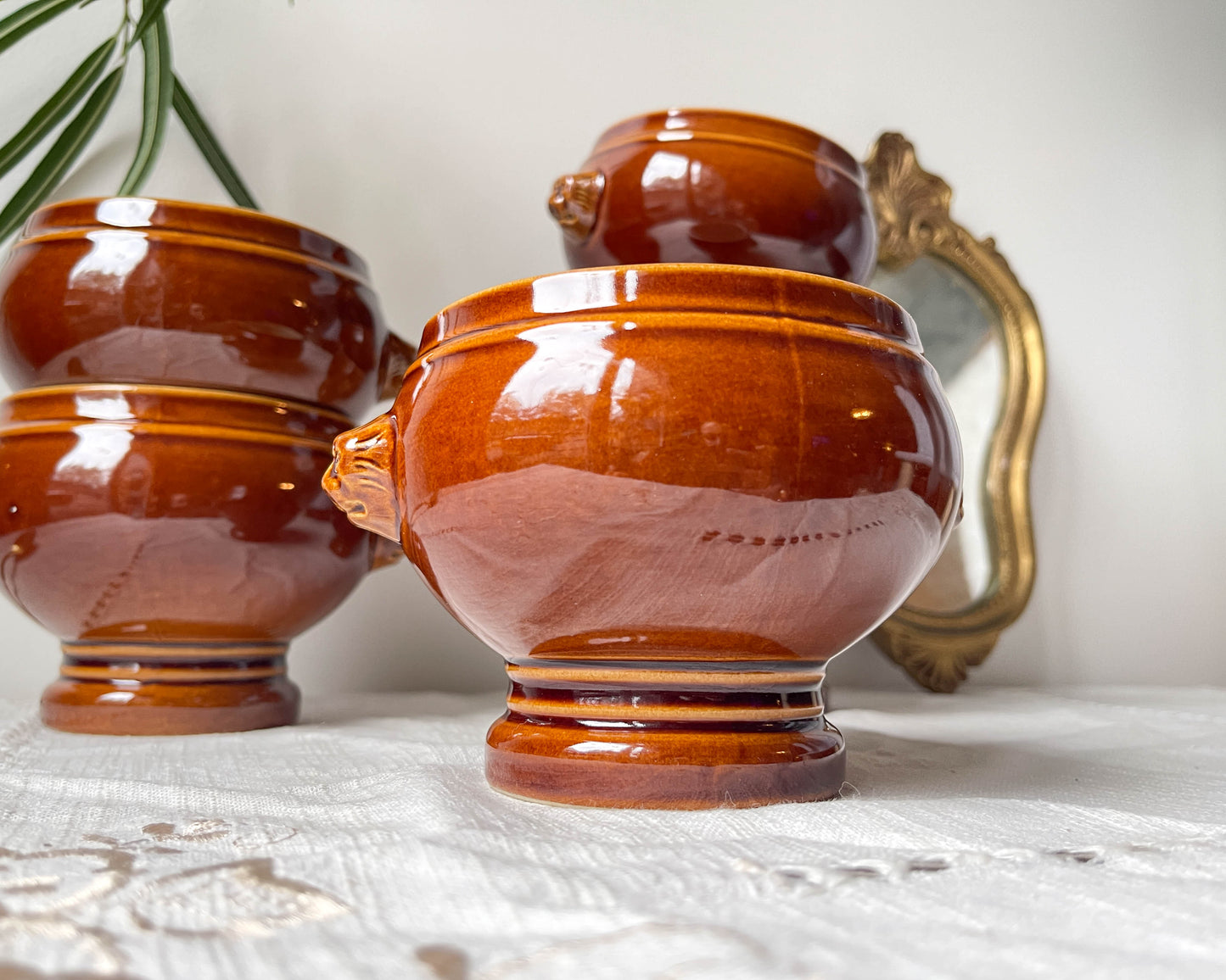 6 Bols Tête de Lion en céramique style Emile Henry marron vintage Made in France