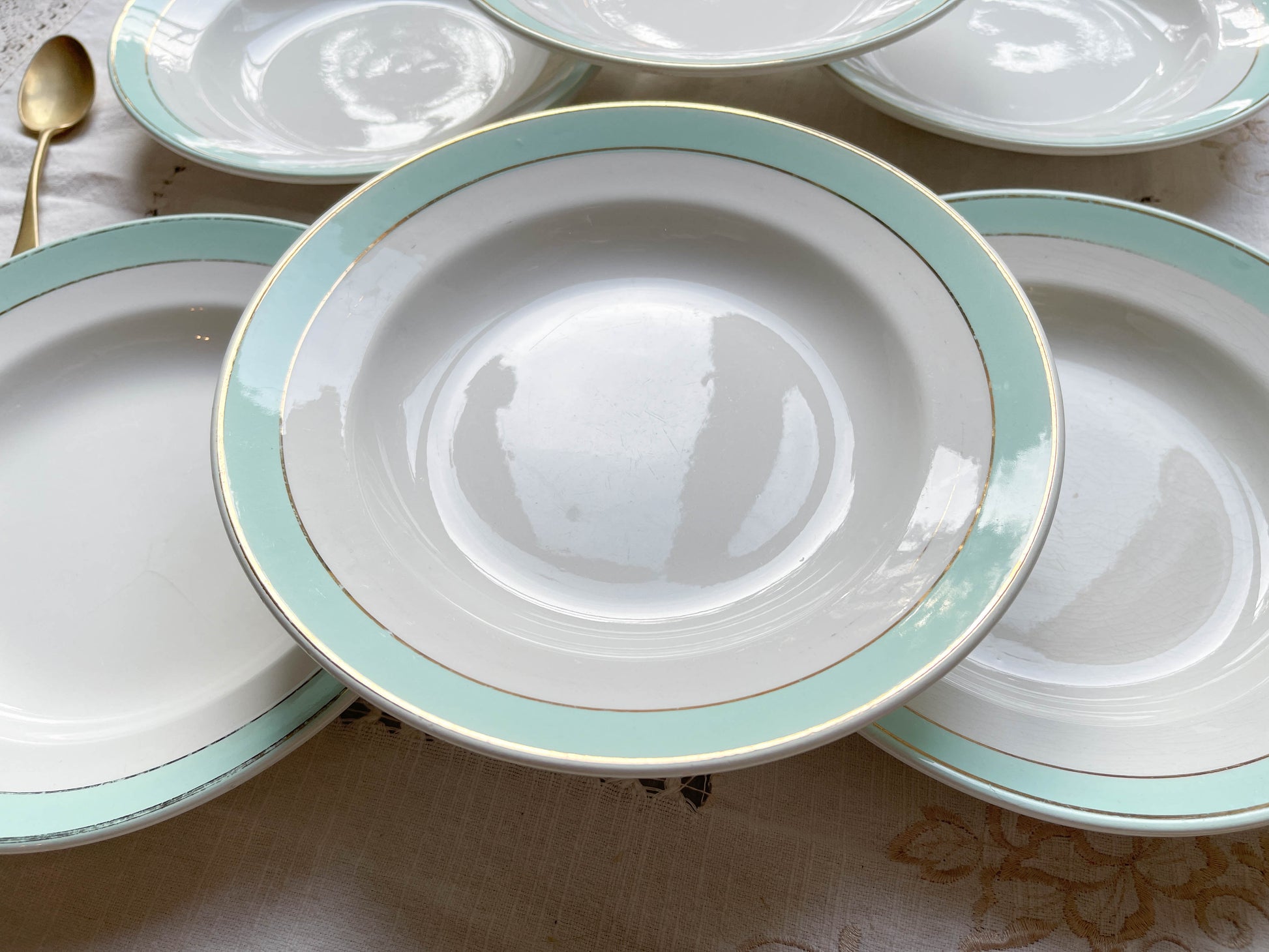 6 Assiettes creuses vintage faïence LUNEVILLE blanches vertes doré