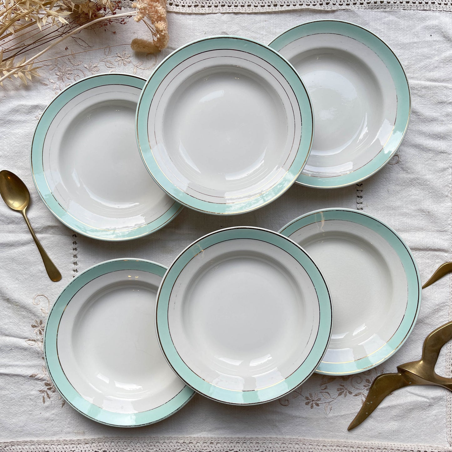 6 Assiettes creuses vintage faïence LUNEVILLE blanches vertes doré