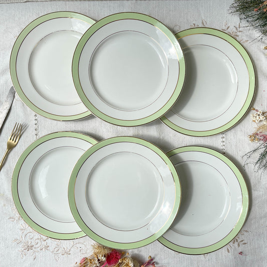 6 Assiettes plates vintage Française Orchies "VILLARS" 1950 blanche verte dorée