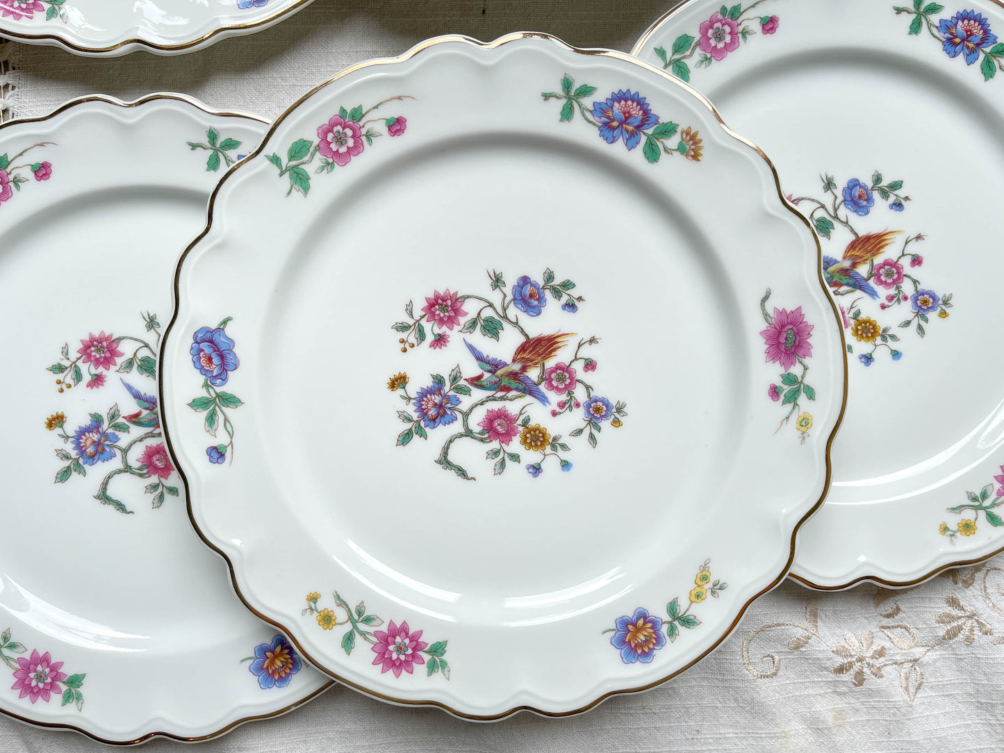 6 Assiettes plates vintage Française porcelaine Limoges motif oiseau de paradis et fleurs