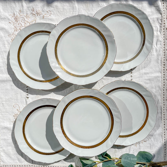 6 Assiettes plates vintage en porcelaine blanche et dorée Limoge francae ADP "Ariane" – Vaisselle ancienne Française élégante