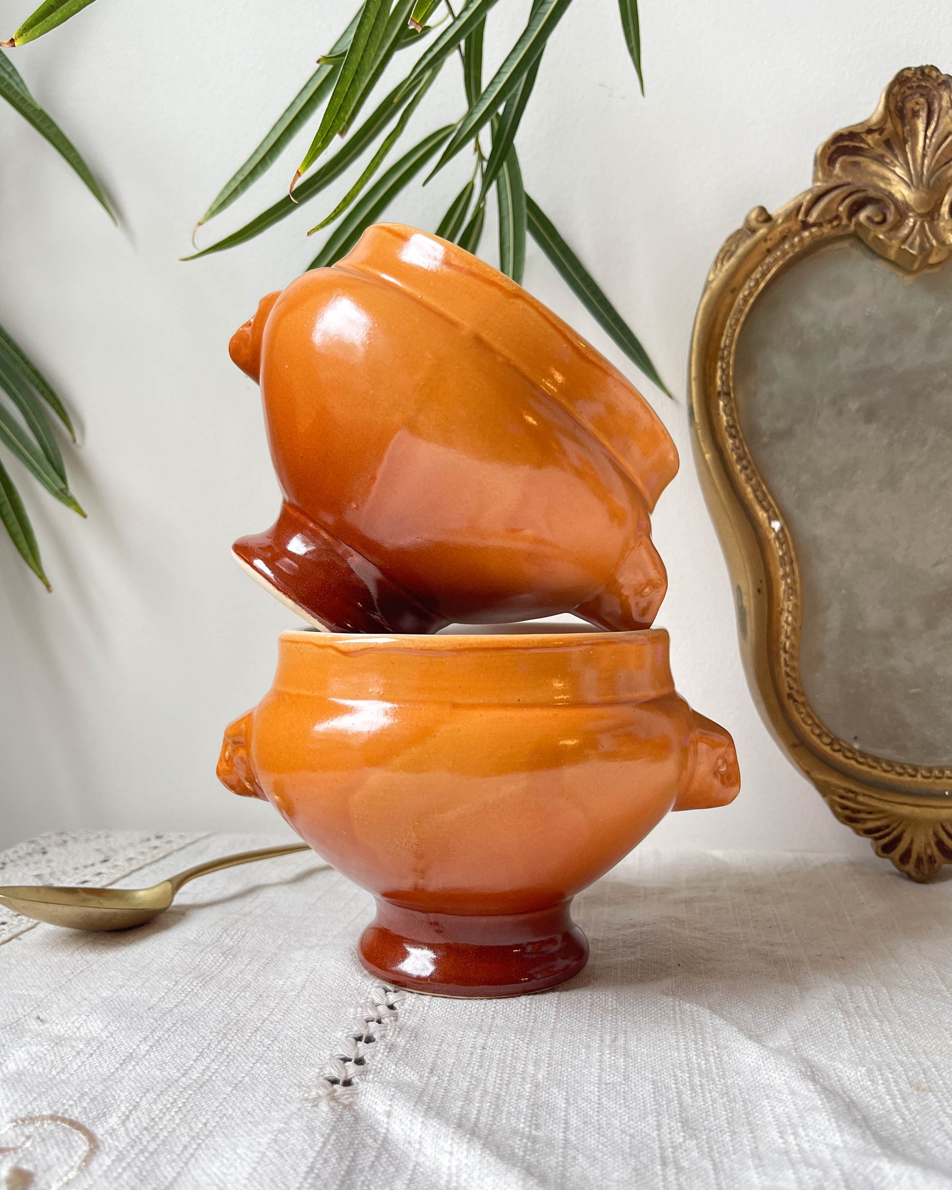 6 Bols Tête de Lion en céramique Emile Henry vintage dégradé marron Made in France