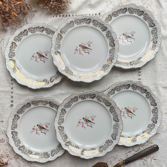 Petites assiettes vintage en porcelaine blanche dorée Bavaria motif oiseau