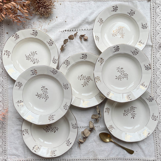 Assiettes creuses porcelaine vintage DIGOIN SARREGUEMINES modèle RAPHAEL motif fleurs dorées