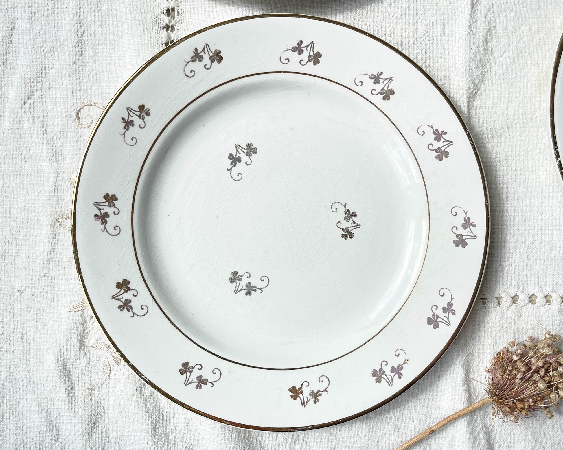 Assiettes plates L'Amandinoise en porcelaine blanche et petites fleurs dorées