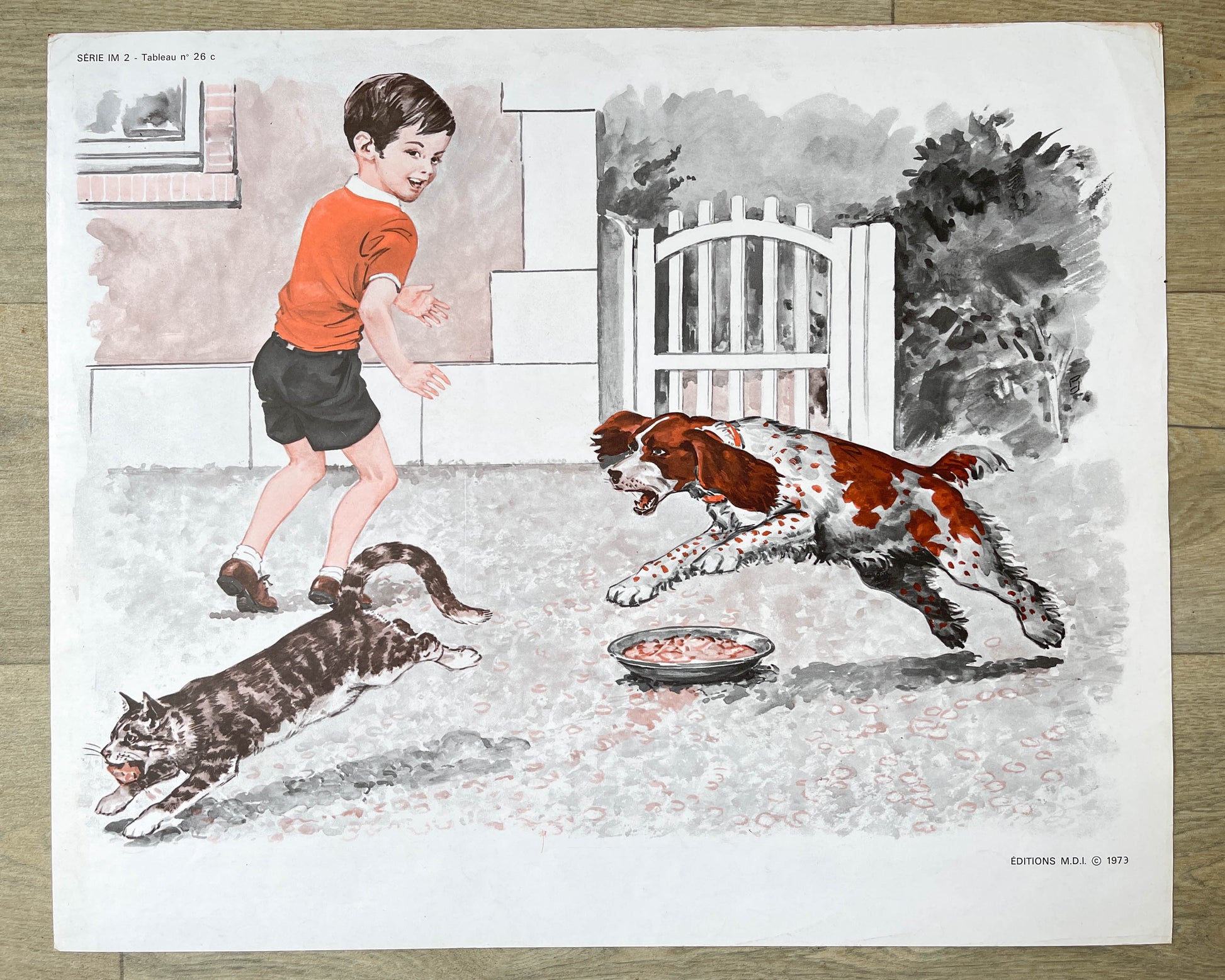 Ancienne affiche scolaire Française MDI, 1970 : Chien, chat / Course école