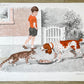 Ancienne affiche scolaire Française MDI, 1970 : Chien, chat / Course école